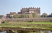 Orchha - royal citadel  palace area, from the bridge on the river Betwa 